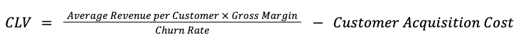 CLV = Average Revenue per Customer Gross Margin / Churn Rate - Customer Acquisition Cost 